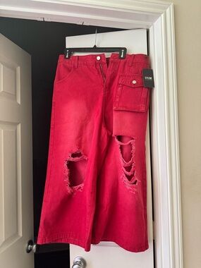 STYLEWE Vibrant Red Distressed Wide-Leg Jeans